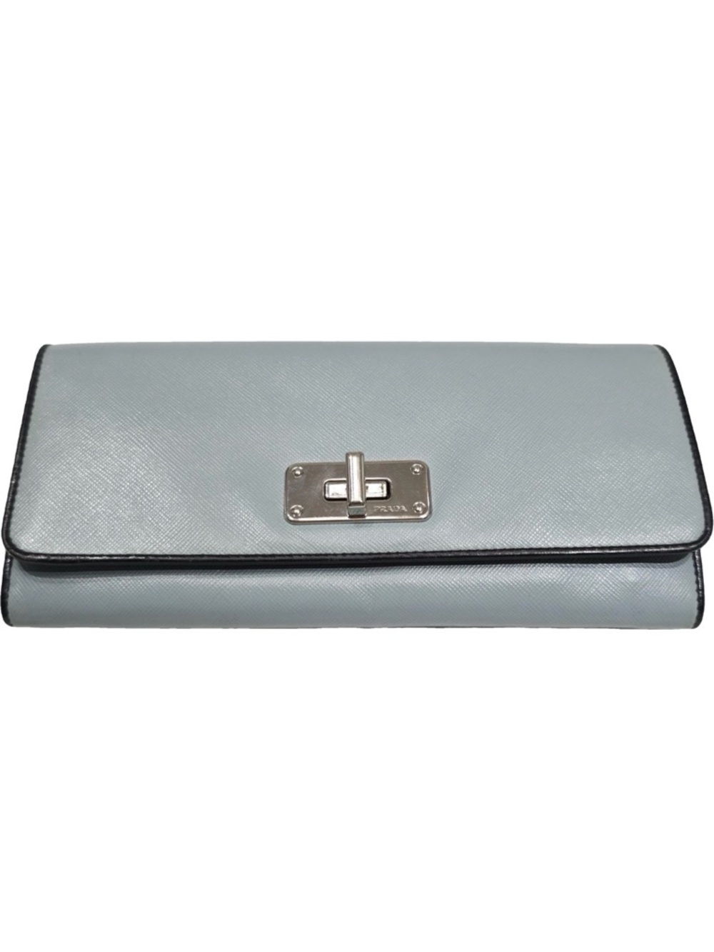 Prada Saffiano Leather Wallet Light Blue Flap Turn Lock Long Wallet Women